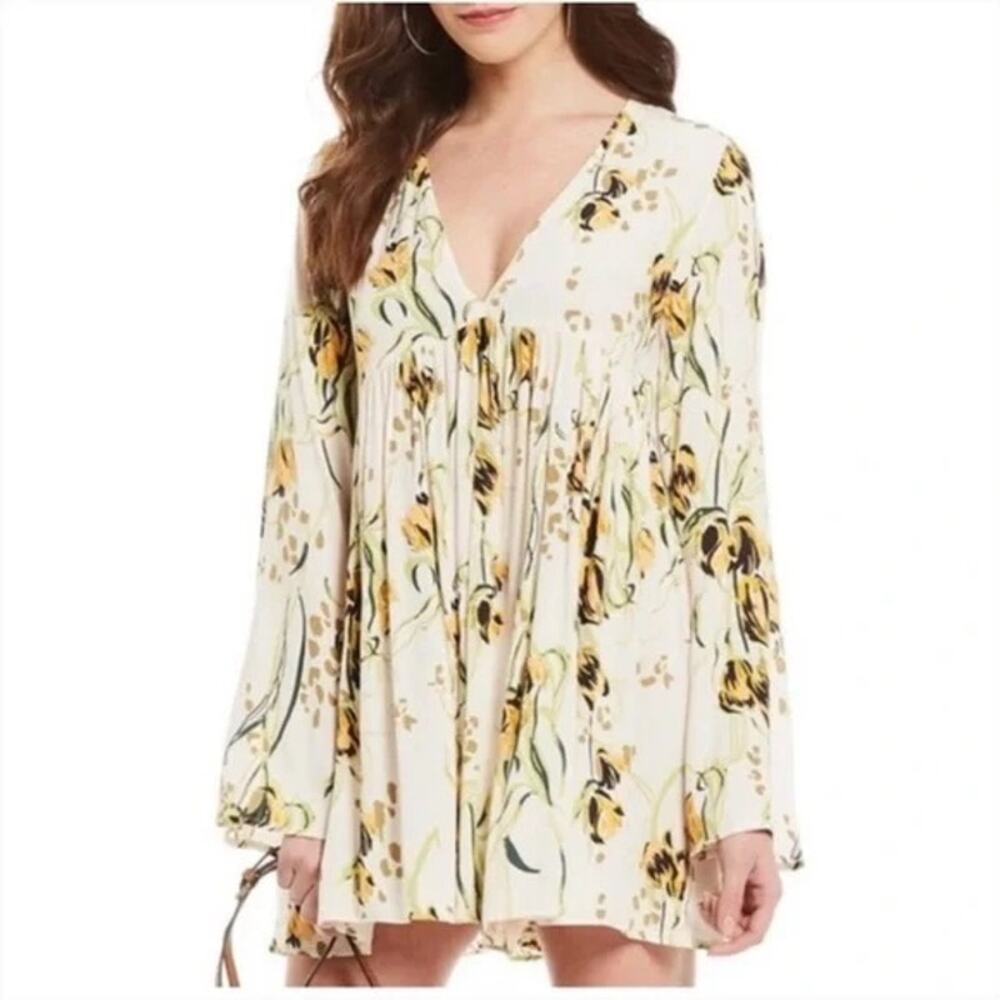 Free People White Floral Plunge V-neck Long Sleeve Boho Tunic Top Mini Dress